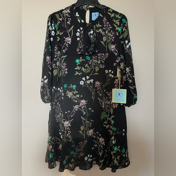 NEW CECE Women's Black Multi Floral-print Bow-neck Flounce A-Line Dress XS $98 - Picture 2 of 6